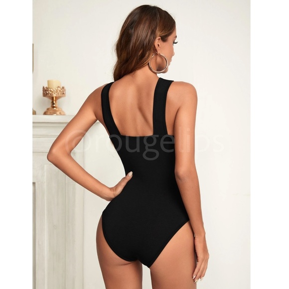 Criss Cross Front Black Bodysuit Cut Out Keyhole Slim Fit - Picture 3 of 8